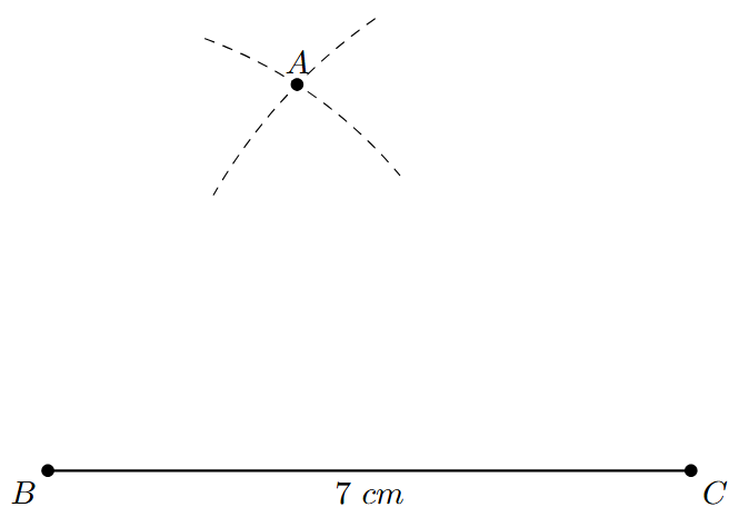 SSS Example Step 3 A second arc is drawn with center C and radius 6 cm, intersecting the first arc at point A.